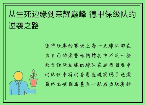 从生死边缘到荣耀巅峰 德甲保级队的逆袭之路