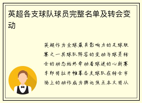 英超各支球队球员完整名单及转会变动