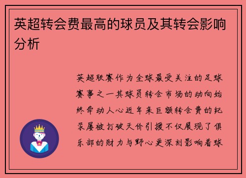 英超转会费最高的球员及其转会影响分析